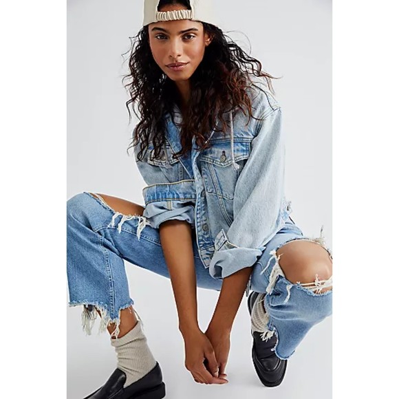 Free People NWT Maggie Mid Rise Straight Leg Blue Denim Chewed Hem Jeans 28 New - Picture 11 of 11